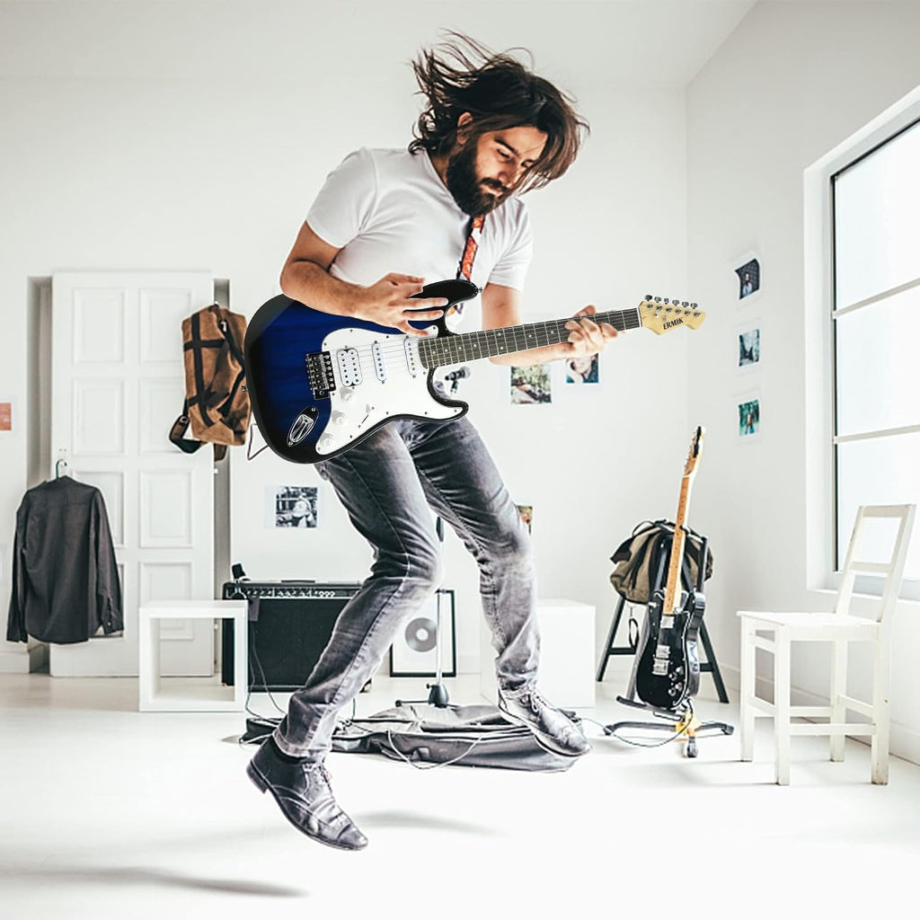 Ermik Solid Body Electric Guitar Kit with Amp 20W, Strings, Strap, Digital Tuner, Picks, Gig Bag, Cable, Tremolo Bar, 39' Full Size Guitar HSS Pickups Guitarra Electrica Beginner Gift - Blue