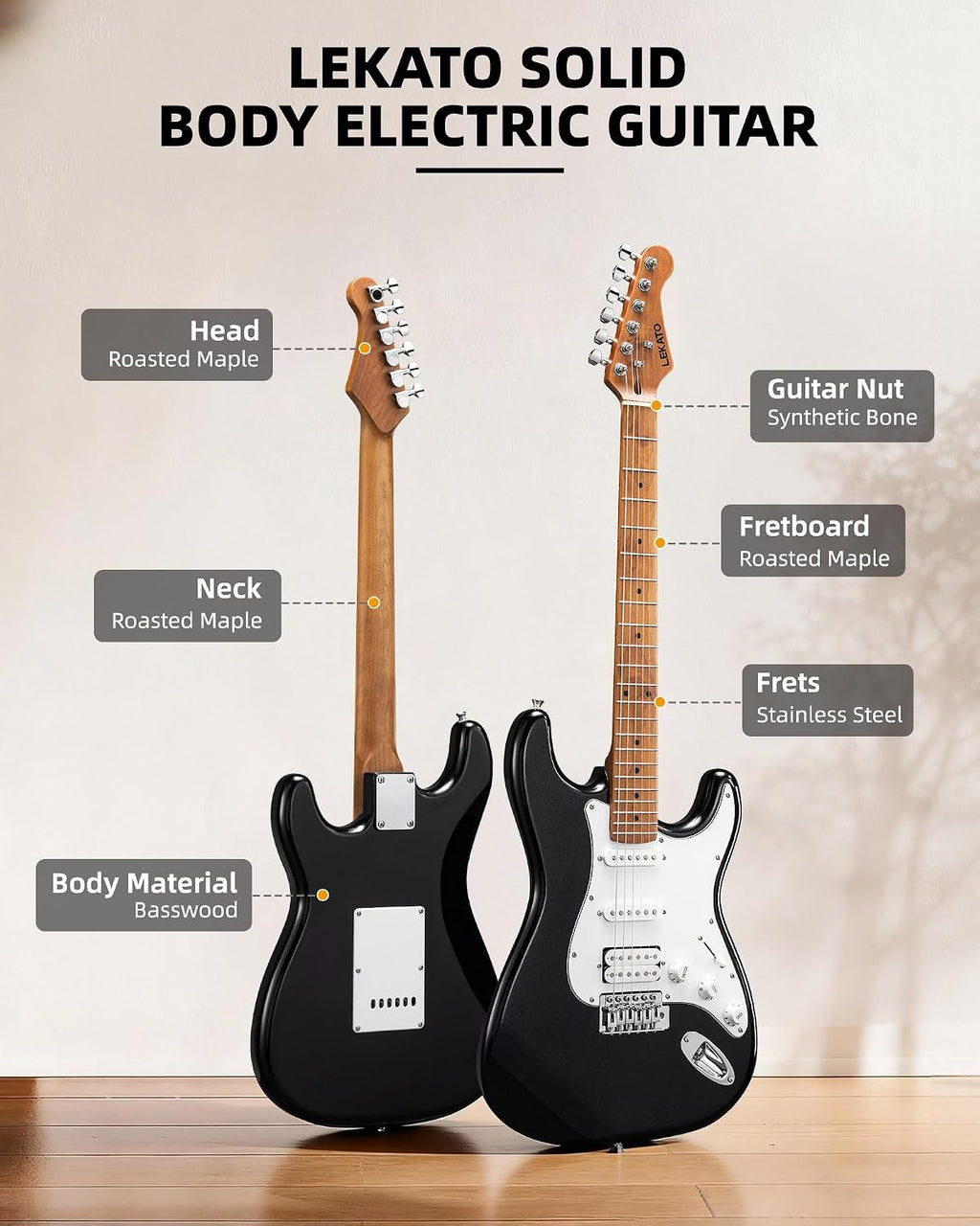 LEKATO Electric Guitar Kit Beginner 39 Inch Full Size Solid Body Guitar HSS for Starter Roasted Maple Neck Fretboard Stainless Steel Frets, 5W Mini Amp, Bag, Tuner, Capo, Strap, String, Picks- Black
