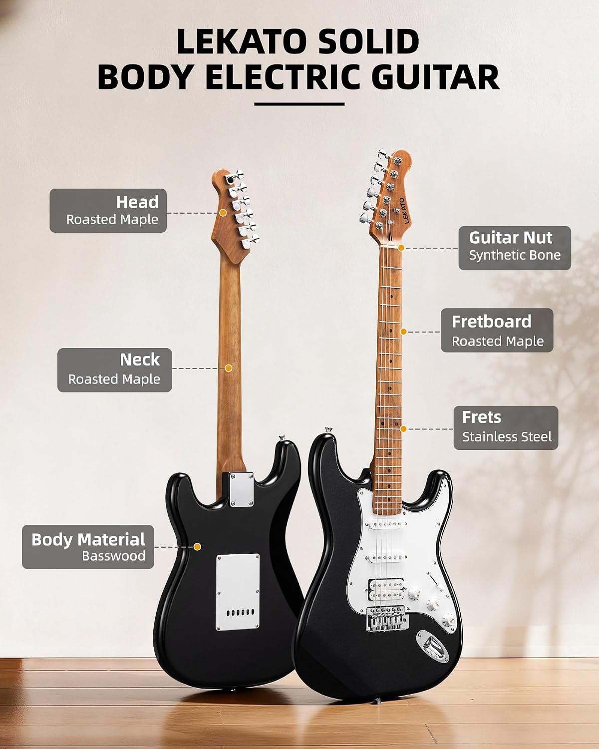 LEKATO Electric Guitar Kit Beginner 39 Inch Full Size Solid Body Guitar HSS for Starter Roasted Maple Neck Fretboard Stainless Steel Frets, 5W Mini Amp, Bag, Tuner, Capo, Strap, String, Picks- Black