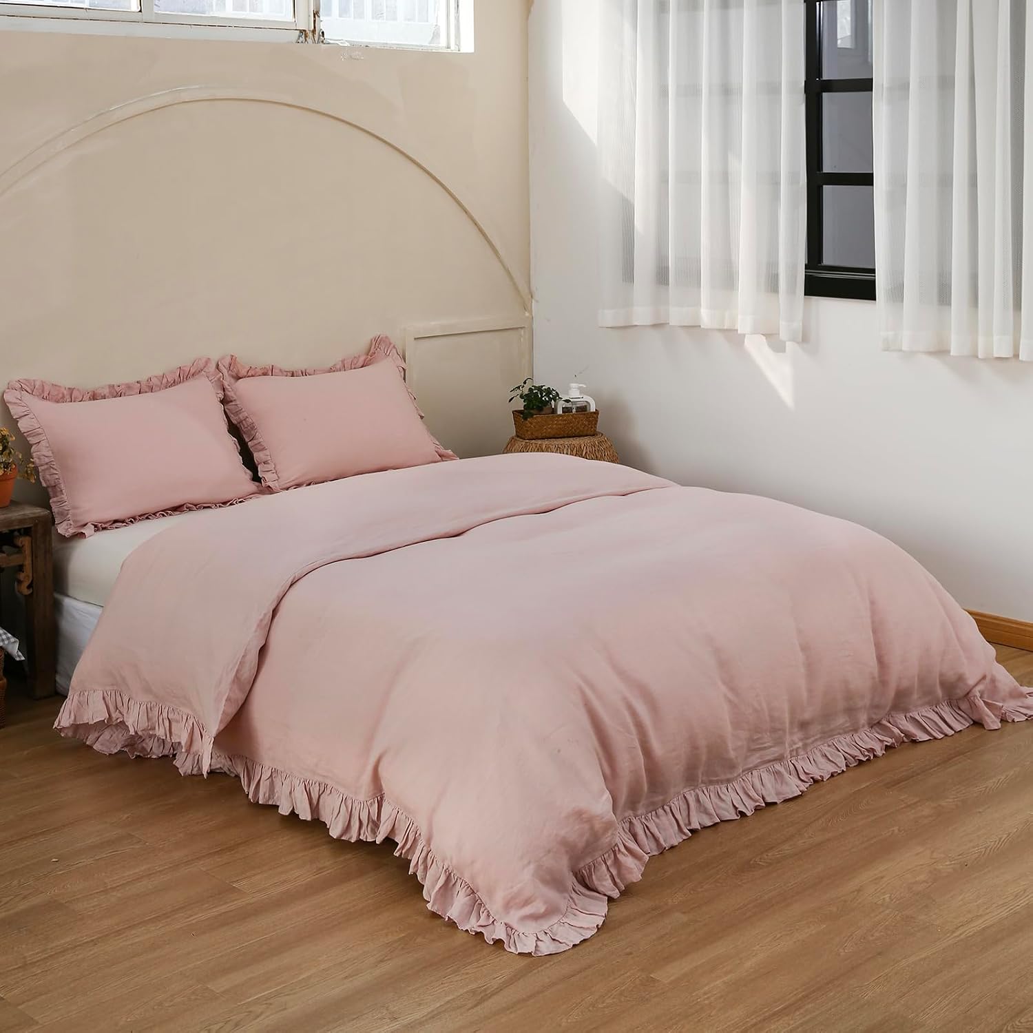 Simple&Opulence 100% Linen Duvet Cover Set, 3 PCS Natural French Flax Blush Pink Ruffle Duvet Cover Full Size, Breathable Comfy Linen Bedding Comforter Cover with 2 Pillowcases (Blush Pink, 78' X 86')
