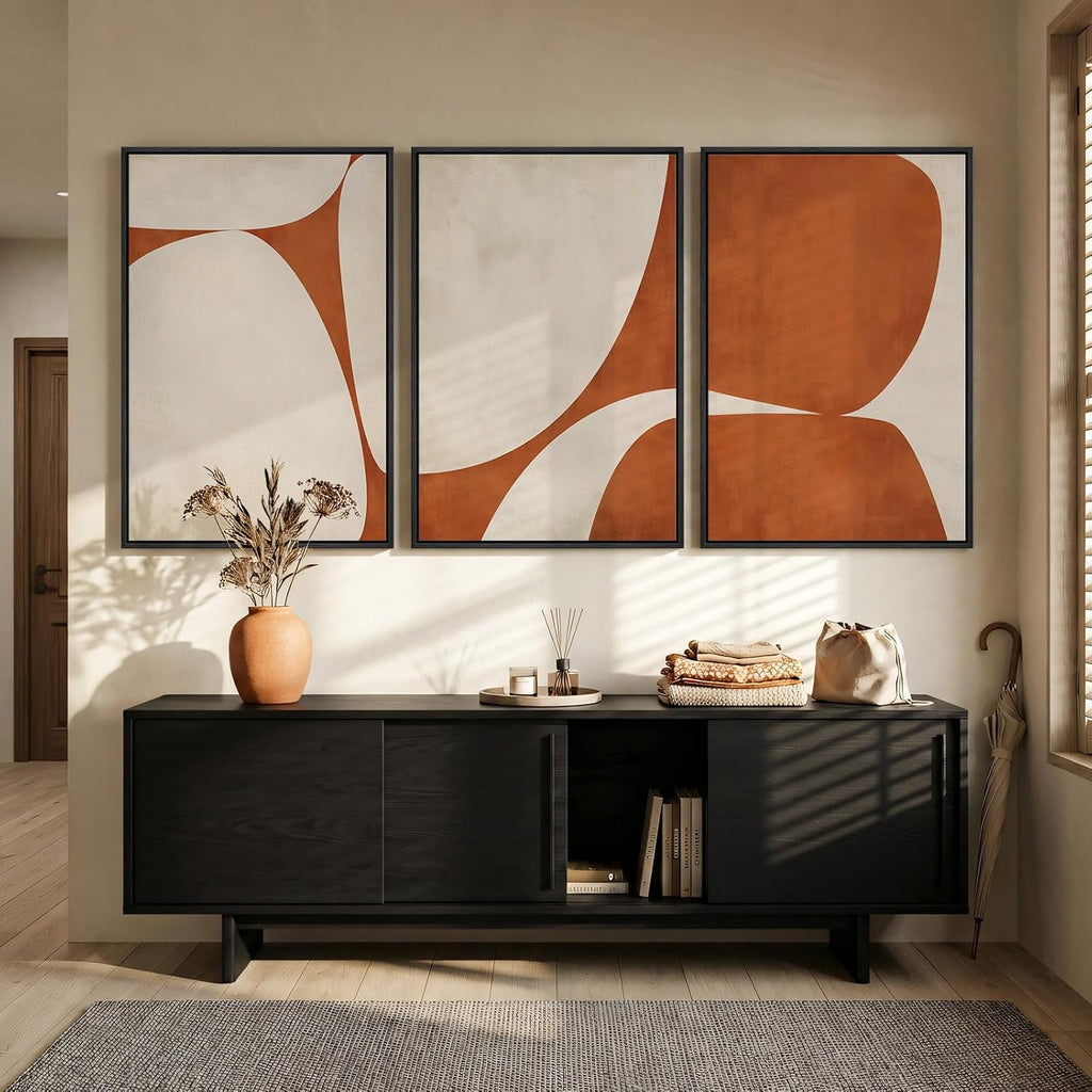 Large Framed Neutral Abstract Wall Art for Living Room, 3 Piece Modern Canvas Prints Paintings Artwork for Walls, Minimalist Beige Orange Block Pictures for Hallway Dining Bedroom Wall Decor 24x36 In