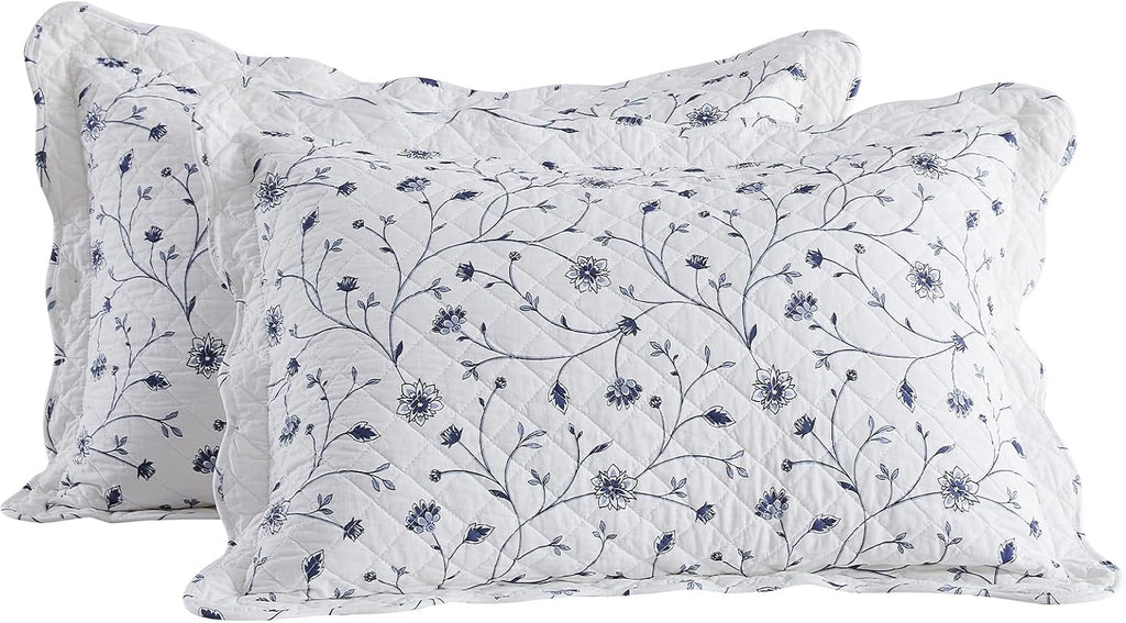 Floral Bedspread 102'x120' Oversized Queen Bedspread, 100% Cotton Oversized Queen Quilt with 2 Pillow Shams, Lightweight Vintage Quilted Bedspreads Coverlet Sets, White/Blue, 3 Pcs