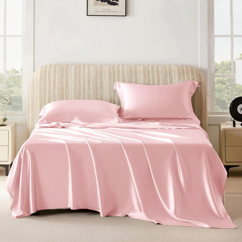 THXSILK Silk Sheet Set 4 Pcs, 25 Momme 100% Top Grade Pure Mulberry Silk Bed Sheets Luxury Bedding Sets Ultra Soft Durable, 1 Fitted Sheet, 1 Flat Sheet and 2 Pillow Shams (Cal. King, Charming Pink)