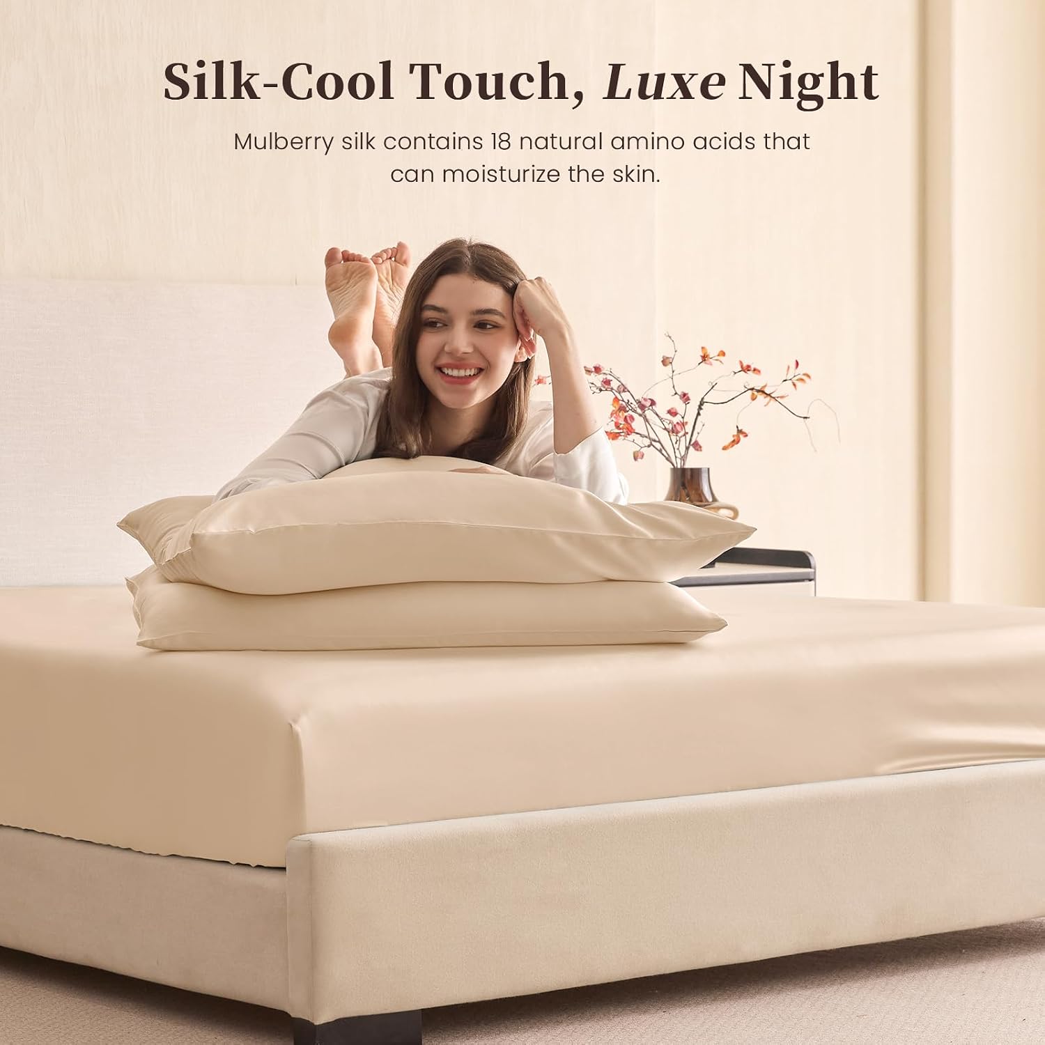 THXSILK 6A+ Top Grade 100% Pure Mulberry Silk King Fitted Sheet 3Pcs Set Bed Sheets Luxury Bedding for Hair and Skin Breathable Cooling Safe Material, 1 Fitted Sheet with 2 Pillowcases, Champagne
