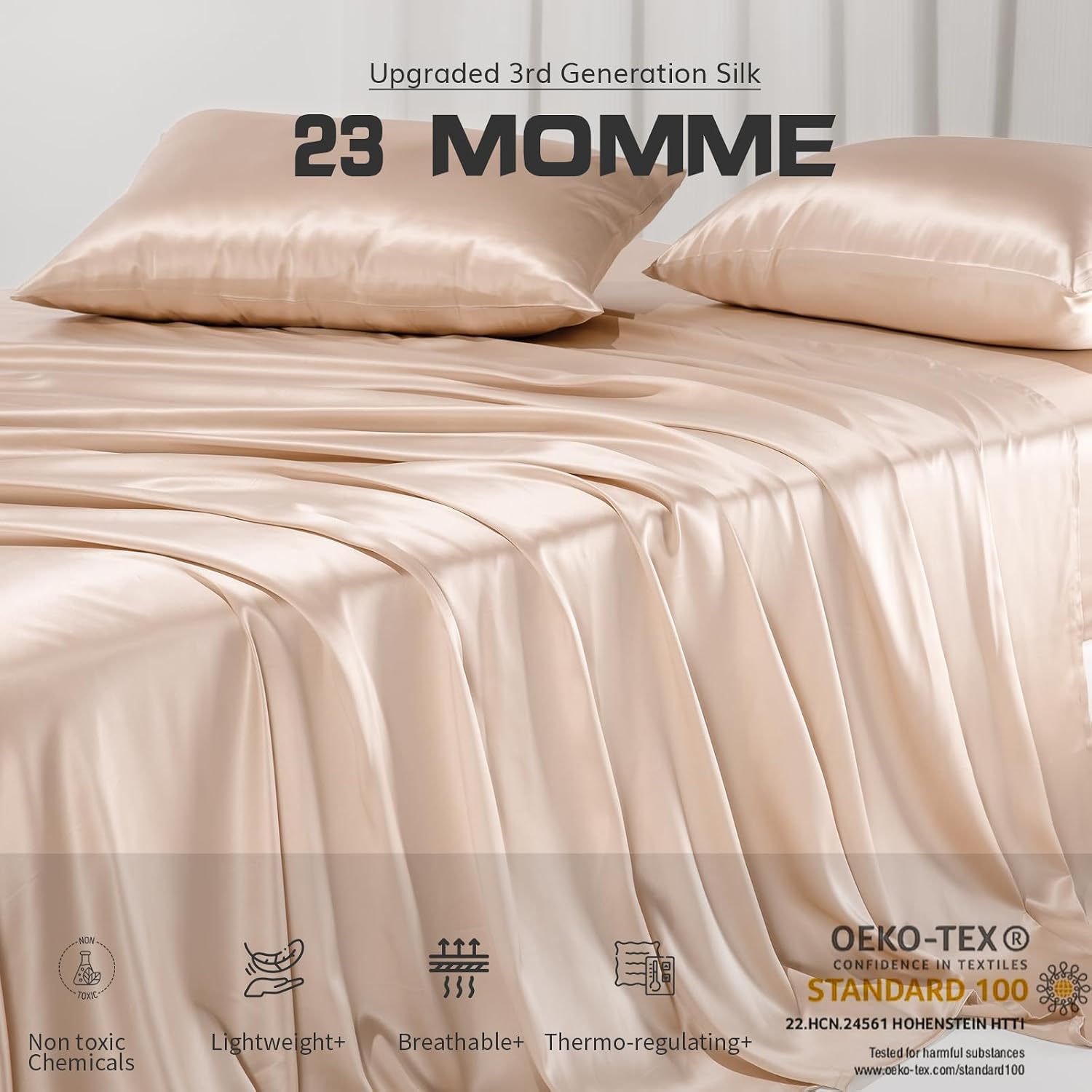 PROMEED - 100% Pure Mulberry Silk Sheets 4pcs Set - Luxury Silk Bed Sheet Set Queen Size - Cooling Bed Set with Fitted Sheet, Flat Sheet and Pillowcase (Champagne, Queen)