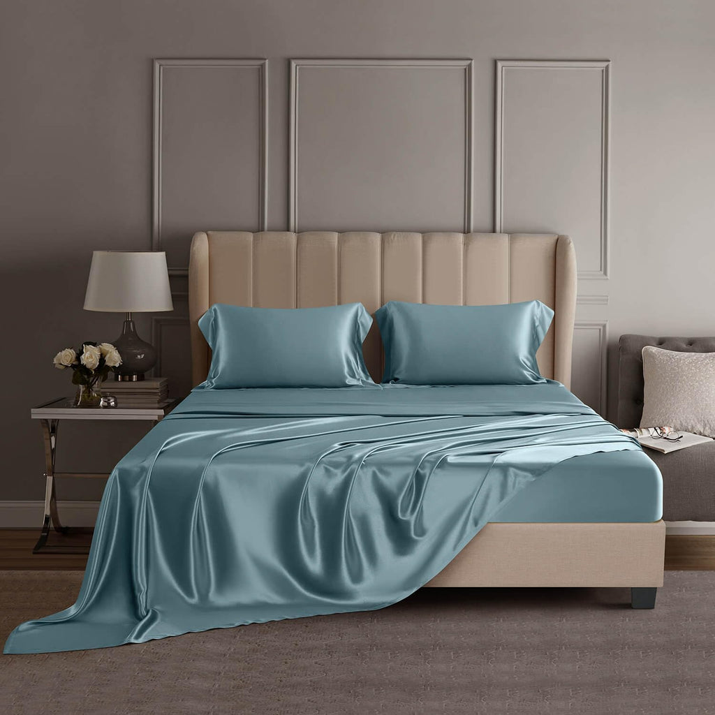 DISANGNI 22 Momme 100% Mulberry Silk Bedding Set - 4-Piece Luxury (2 Pillowcases, 1 Fitted Sheet, 1 Flat Sheet) - 6A Grade Natural Silk (Blue Gray, Queen)