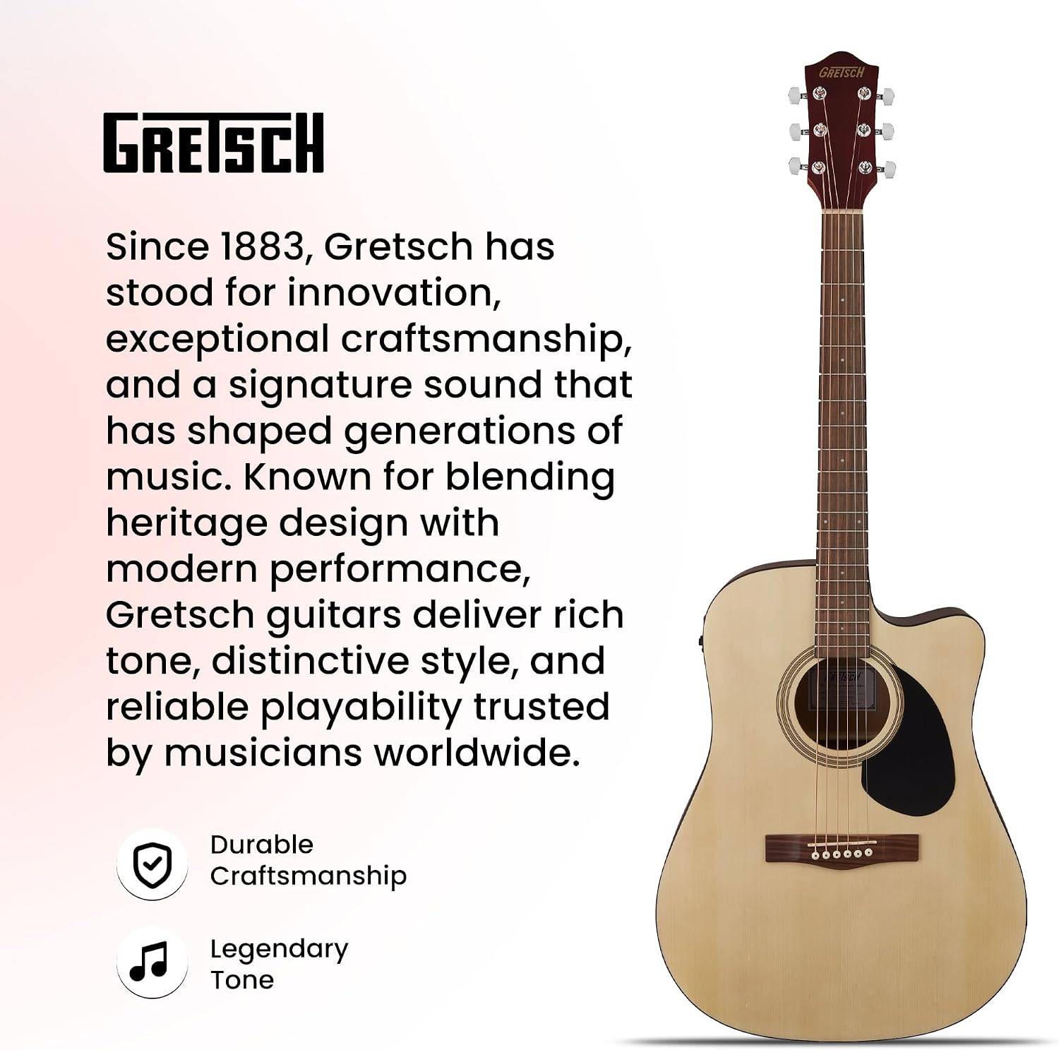 Gretsch Prelude D100CE Dreadnought Cutaway Acoustic-Electric Guitar - Natural Bundle with Gig Bag, Strap, Strings, String Winder, Picks, Austin Bazaar Instructional DVD, and Polishing Cloth