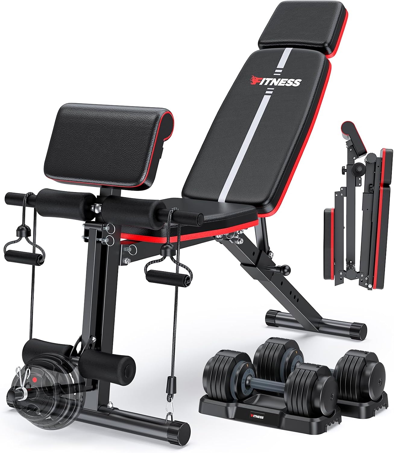 XDDIAS Adjustable Weight Bench, Workout Bench with Leg Extension and Preacher Curl Pad, Weight Bench for Home Gym, Foldable Exercise Bench, Quick Adjustment Incline Bench Press