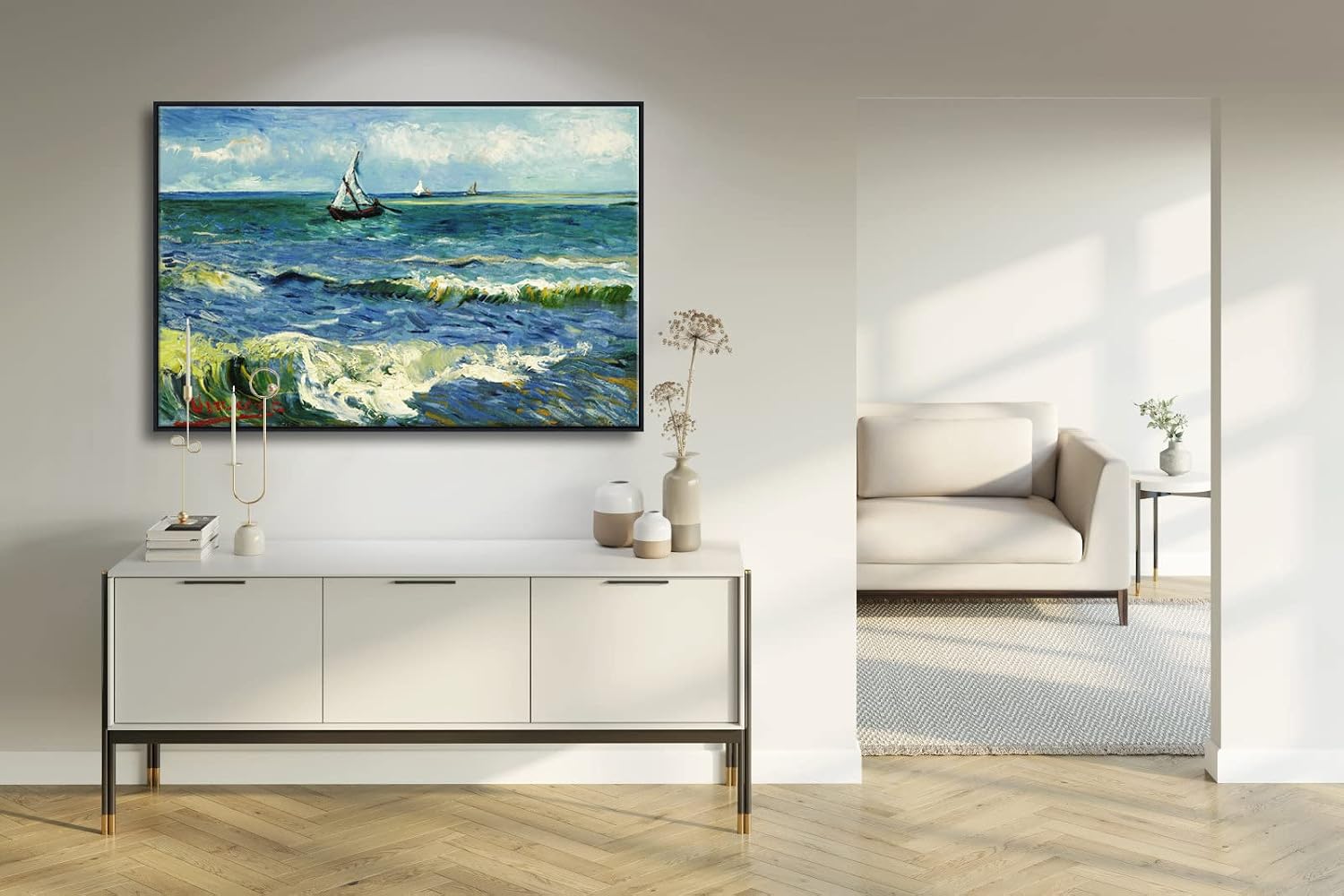 Wieco Art Extra Large Black Framed Canvas Prints Seascape at Saintes Maries by Vincent Van Gogh Modern ArtWork Sea Pictures on Canvas for Living Room Home Decorations