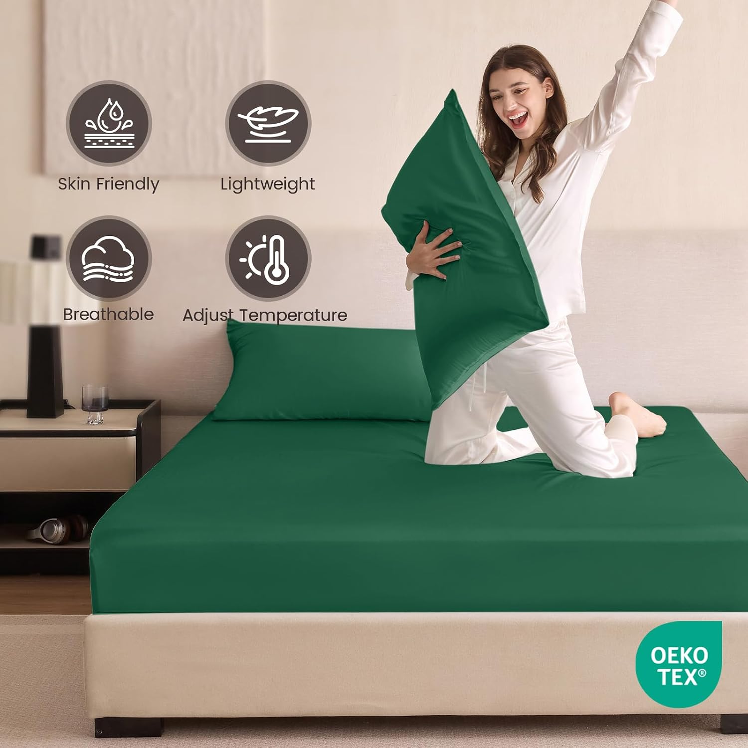 THXSILK 6A+ Top Grade 100% Pure Mulberry Silk King Fitted Sheet 3Pcs Set Bed Sheets Luxury Bedding for Hair and Skin Healthy Natural Materials, 1 Fitted Sheet with 2 Pillowcases, Emerald Green