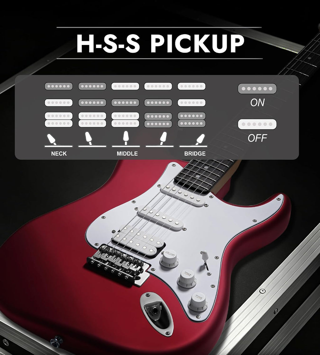 Tostar Beginner Electric Guitar, Solid Body, 39' Full Size Strat Style with HSS Pickups, 5-Way Switch, Tremolo Bridge, Maple Neck & Tectona Fretboard, Ideal for Beginners and Gifting, Red