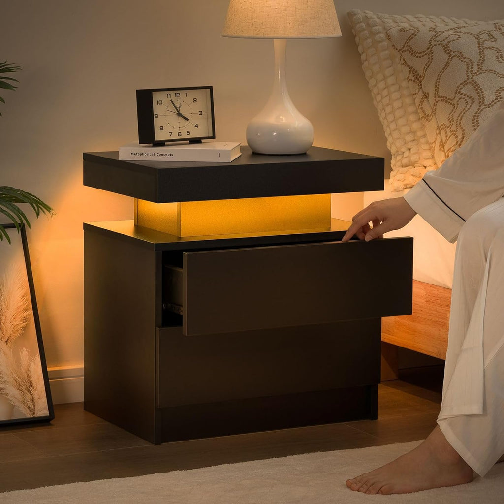 Bingoday Black Nightstand Set of 2 Black Bedside Tables Set of 2 LED Night Stand Set 2 Wood Nightstand Set of 2 with 2 Drawers for Bedroom Living Room