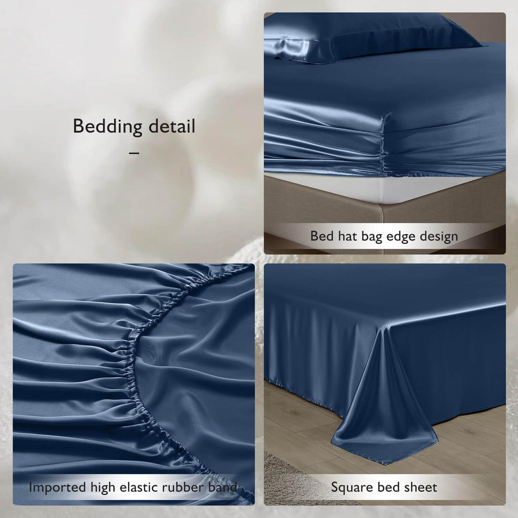 DISANGNI 22 Momme 100% Mulberry Silk Bedding Set - 4-Piece Luxury (2 Pillowcases, 1 Fitted Sheet, 1 Flat Sheet) - 6A Grade Natural Silk (Blue, Queen)