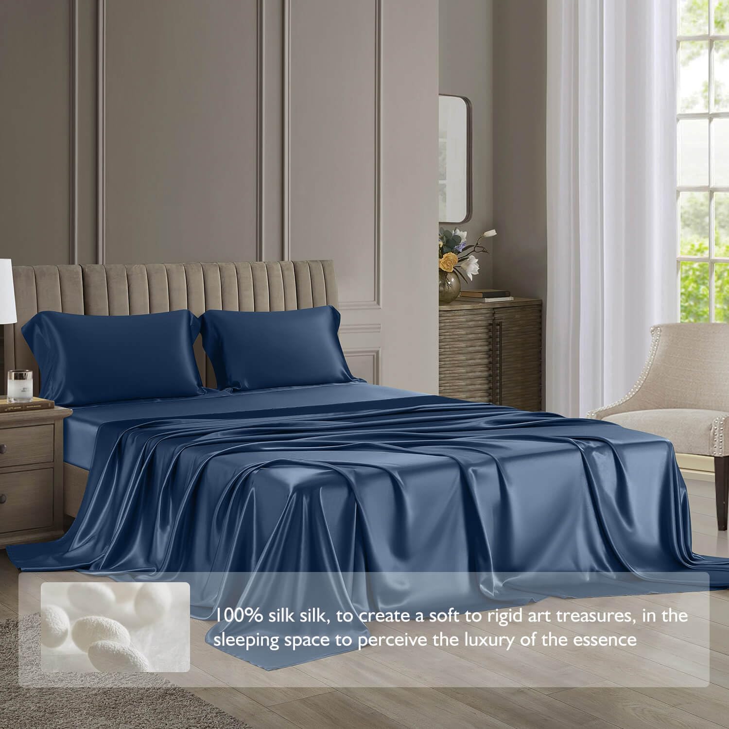 DISANGNI 22 Momme 100% Mulberry Silk Bedding Set - 4-Piece Luxury (2 Pillowcases, 1 Fitted Sheet, 1 Flat Sheet) - 6A Grade Natural Silk (Blue, Queen)