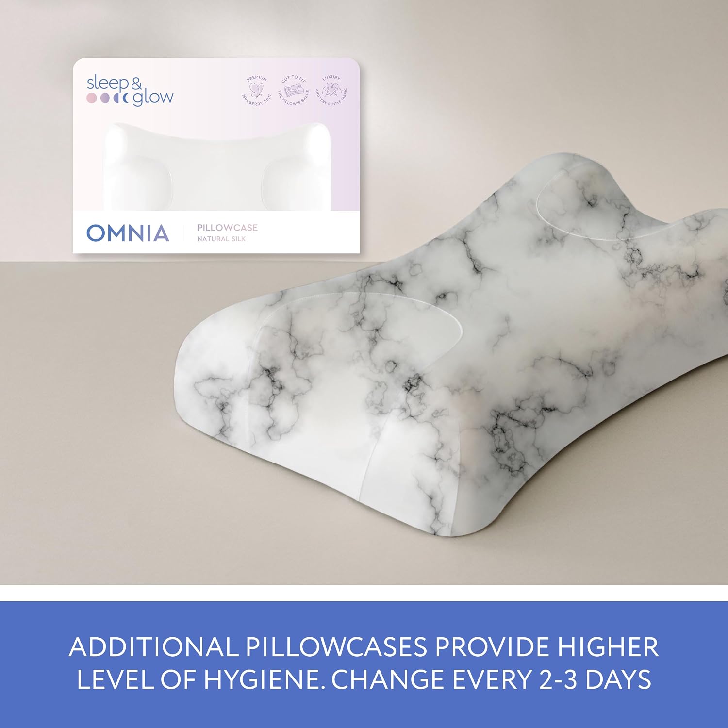 Sleep & Glow Omnia Natural Silk Pillowcase for Hair and Skin Fits Unique Shape of Sleep&Glow Omnia Pillow – 19mm Grade 6A Mulberry Silk (White Marble)