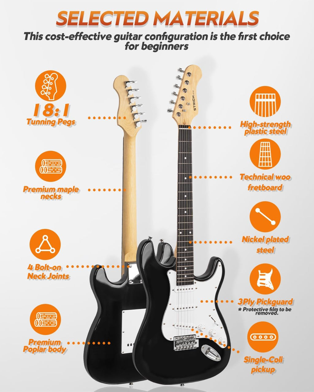 STRICH Electric Guitar Beginner Kit, Solid Body 39' Full Size Electric Guitar SSS Pick Up for Starter, with 5W x 2 Amp, Bag, Digital Tuner, Capo, Strap, String,Cable, Picks, SST-S10 Black