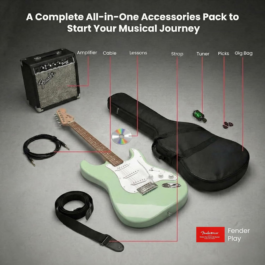 Fender Squier Sonic Stratocaster Pack - Surf Green Bundle with Frontman 10G Amp, Gig Bag, Cable, Strap, Tuner, Picks, and Austin Bazaar Guitar DVD
