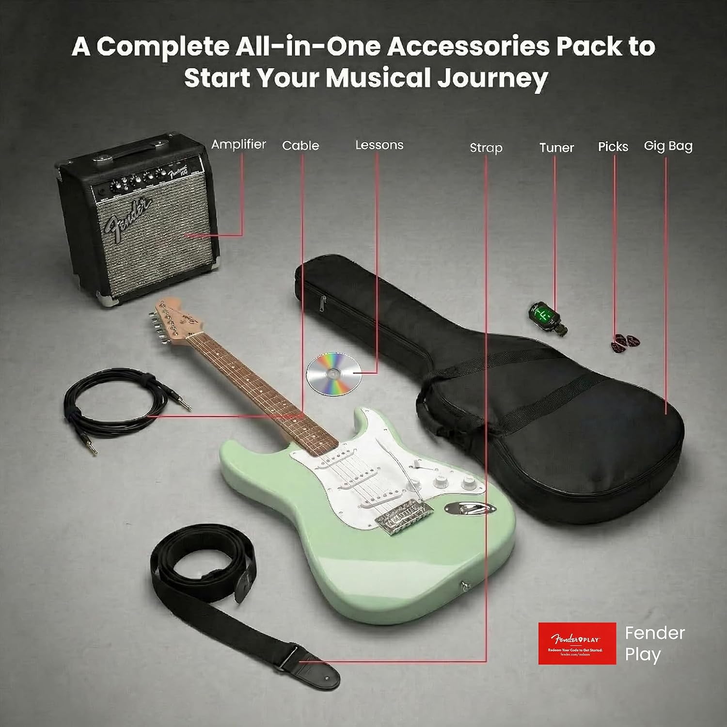 Fender Squier Sonic Stratocaster Pack - Surf Green Bundle with Frontman 10G Amp, Gig Bag, Cable, Strap, Tuner, Picks, and Austin Bazaar Guitar DVD