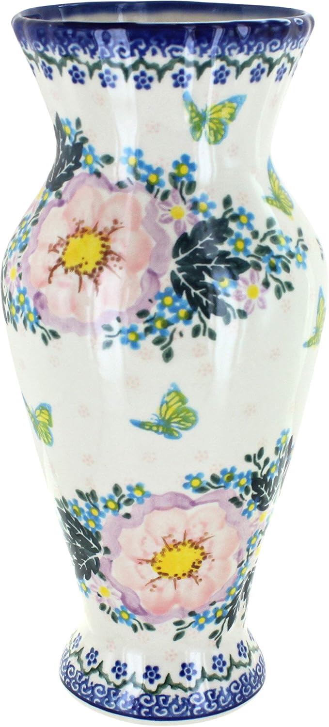 Blue Rose Polish Pottery - Pink Apple Blossom Tall Vase - 11' Tall - Ceramic Flower Vase, Decorative Floral Design for Table, Shelf or Mantel Décor