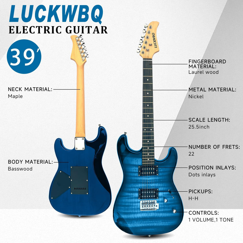39' Full Size ST Style Electric Guitar Starter Kit with HH Pickup, 20W Portable Amp, Tuner, Gig Bag, Strap & Accessories(Blue Flame)