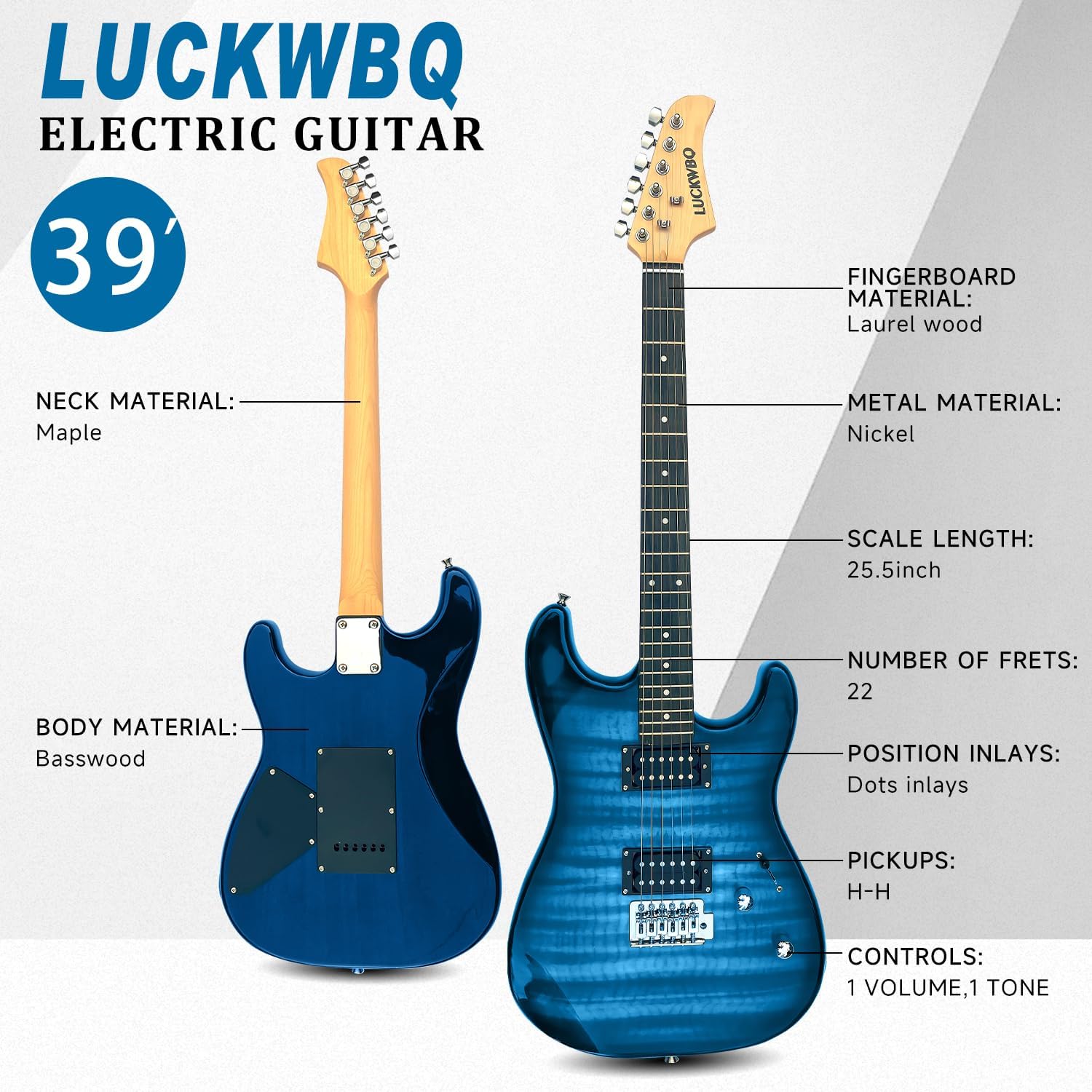 39' Full Size ST Style Electric Guitar Starter Kit with HH Pickup, 20W Portable Amp, Tuner, Gig Bag, Strap & Accessories(Blue Flame)