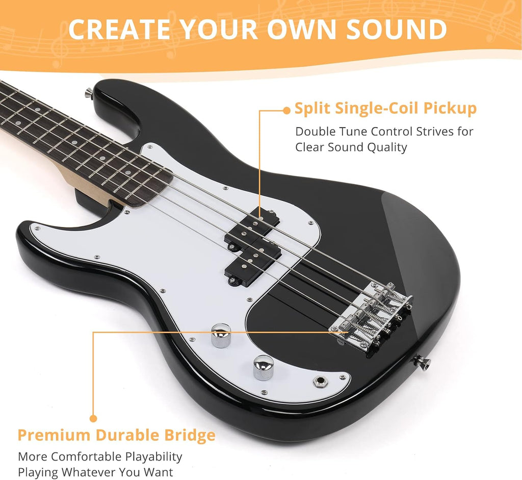 GLARRY Left Hand 4 String Electric Bass Guitar for Beginner Full Size Kit with Cable, Strap, Bag and Accessories (Black)