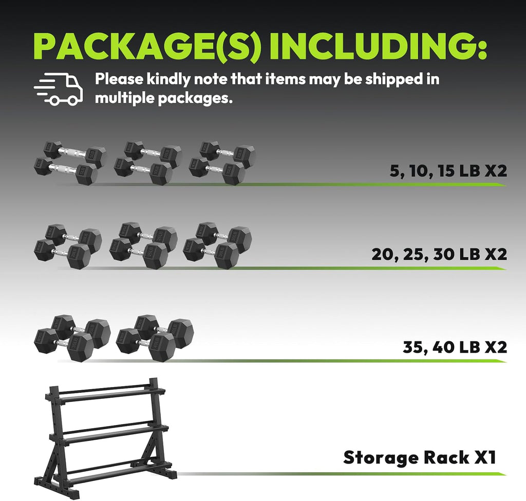 HANDBODE Hex Dumbbell Set with Rack, 300-840 lb Rubber Coated Fixed Weights Sets with Heavy Duty Storage Stand, Hexagon Shape, Multiple Weight Options Home Gym Equipment for Strength Training