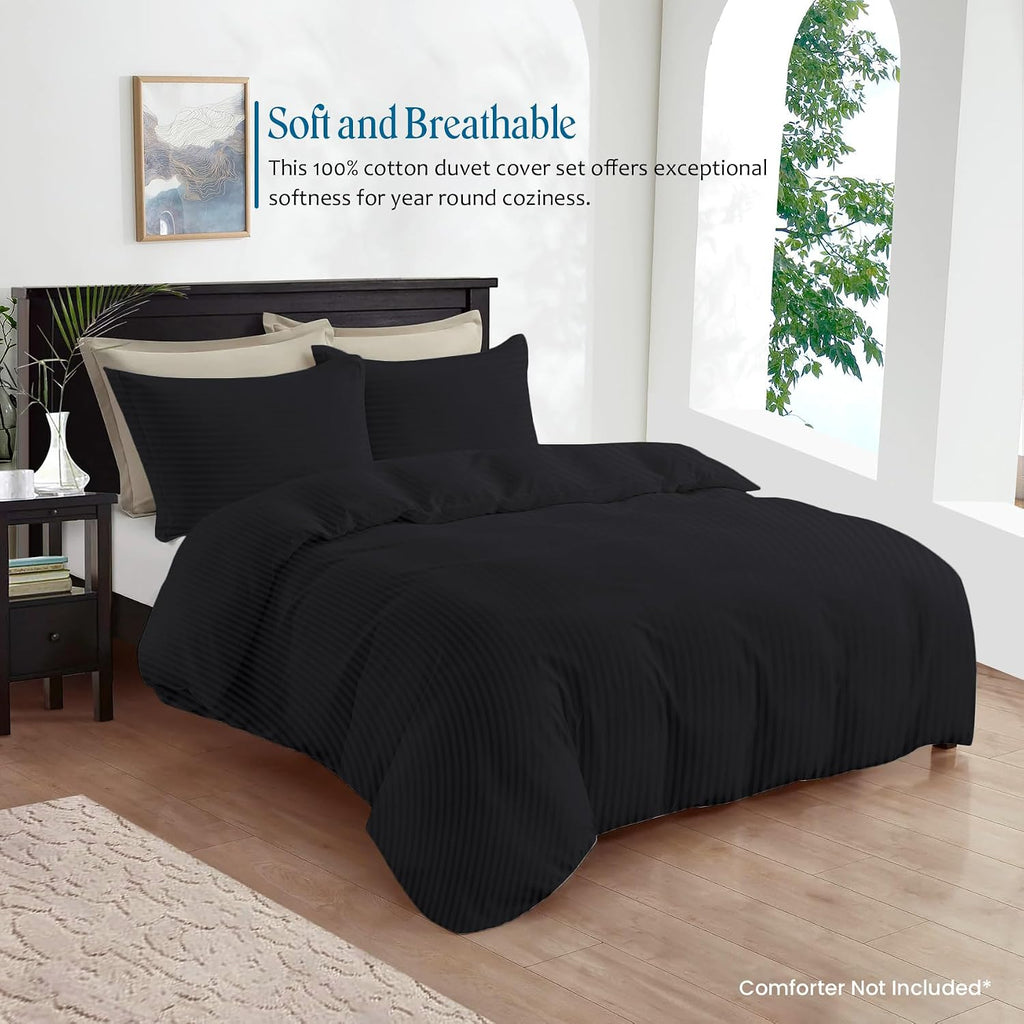 800TC 3 Sided Zipper Duvet Cover Set Soft Egyptian Cotton 3 Sided Zipper Closure, 3 PCS 1-Duvet Cover & 2- Pillow Shams - King-XL Size (98' x 116') Inches, (Black Stripe)