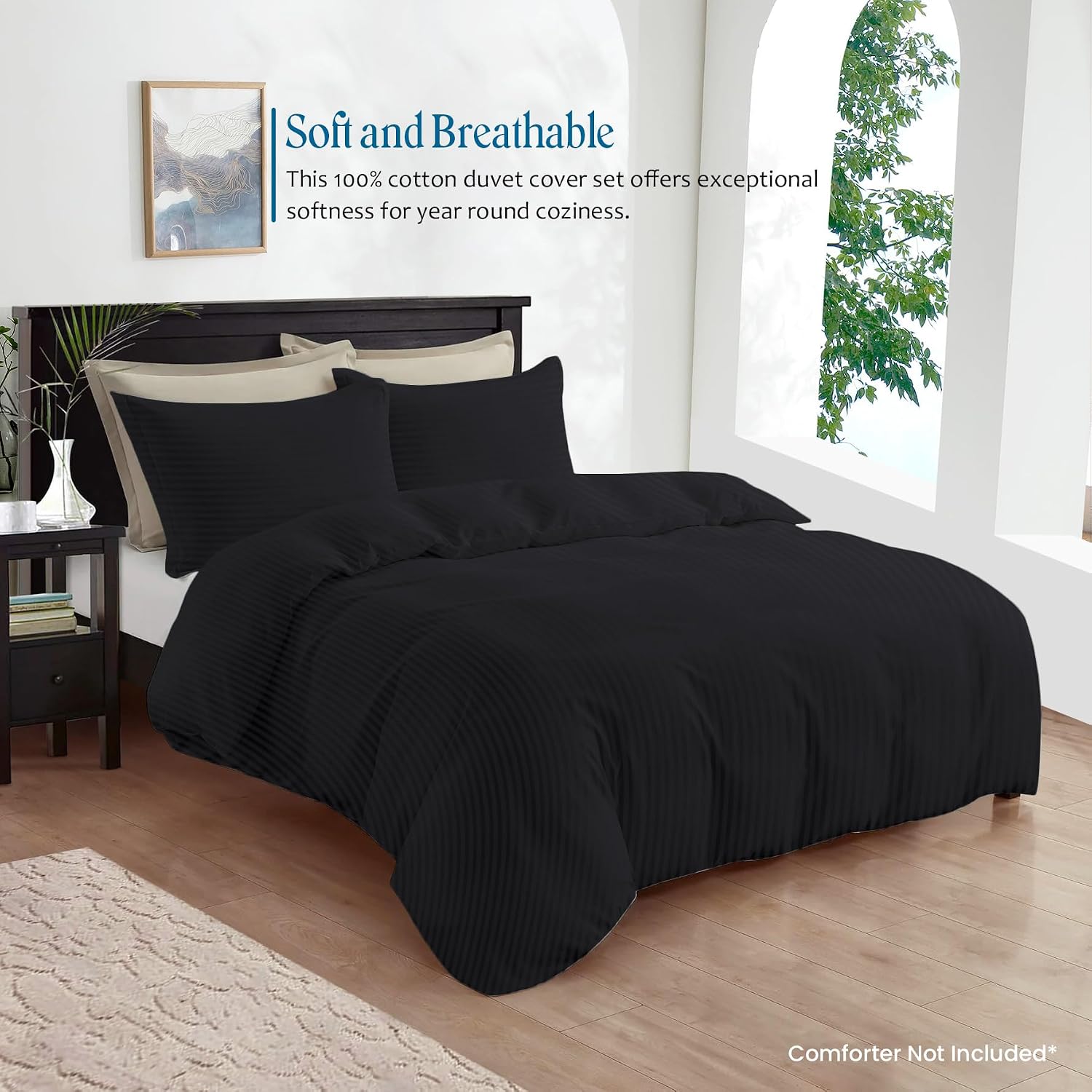 800TC 3 Sided Zipper Duvet Cover Set Soft Egyptian Cotton 3 Sided Zipper Closure, 3 PCS 1-Duvet Cover & 2- Pillow Shams - King-XL Size (98' x 116') Inches, (Black Stripe)