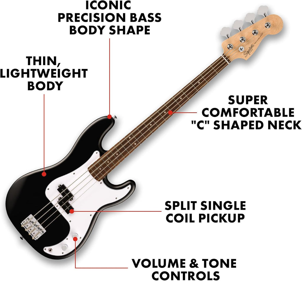 Fender Squier Debut Series Precision Bass Guitar, Beginner Guitar, with 2-Year Warranty, Includes Free Lessons, Black with Matte Finish