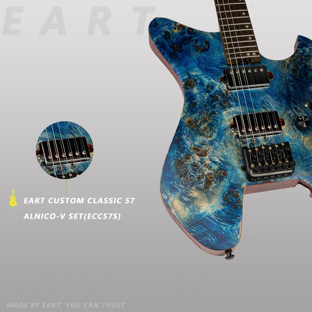 EART Electric Guitar GW2 Headless fix Bridge for 6 String Travel Guitar Small But Full-scale Guitar Ultra-Light For Travel and Performance Right Solid-Body Electric Guitar, Blue
