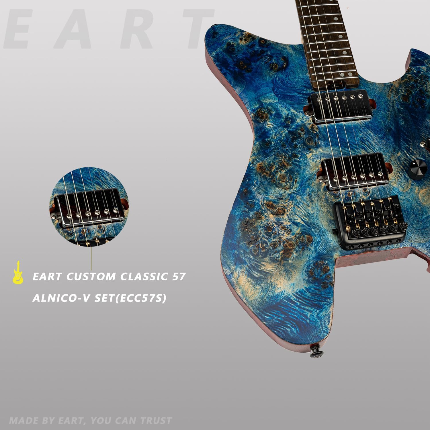EART Electric Guitar GW2 Headless fix Bridge for 6 String Travel Guitar Small But Full-scale Guitar Ultra-Light For Travel and Performance Right Solid-Body Electric Guitar, Blue