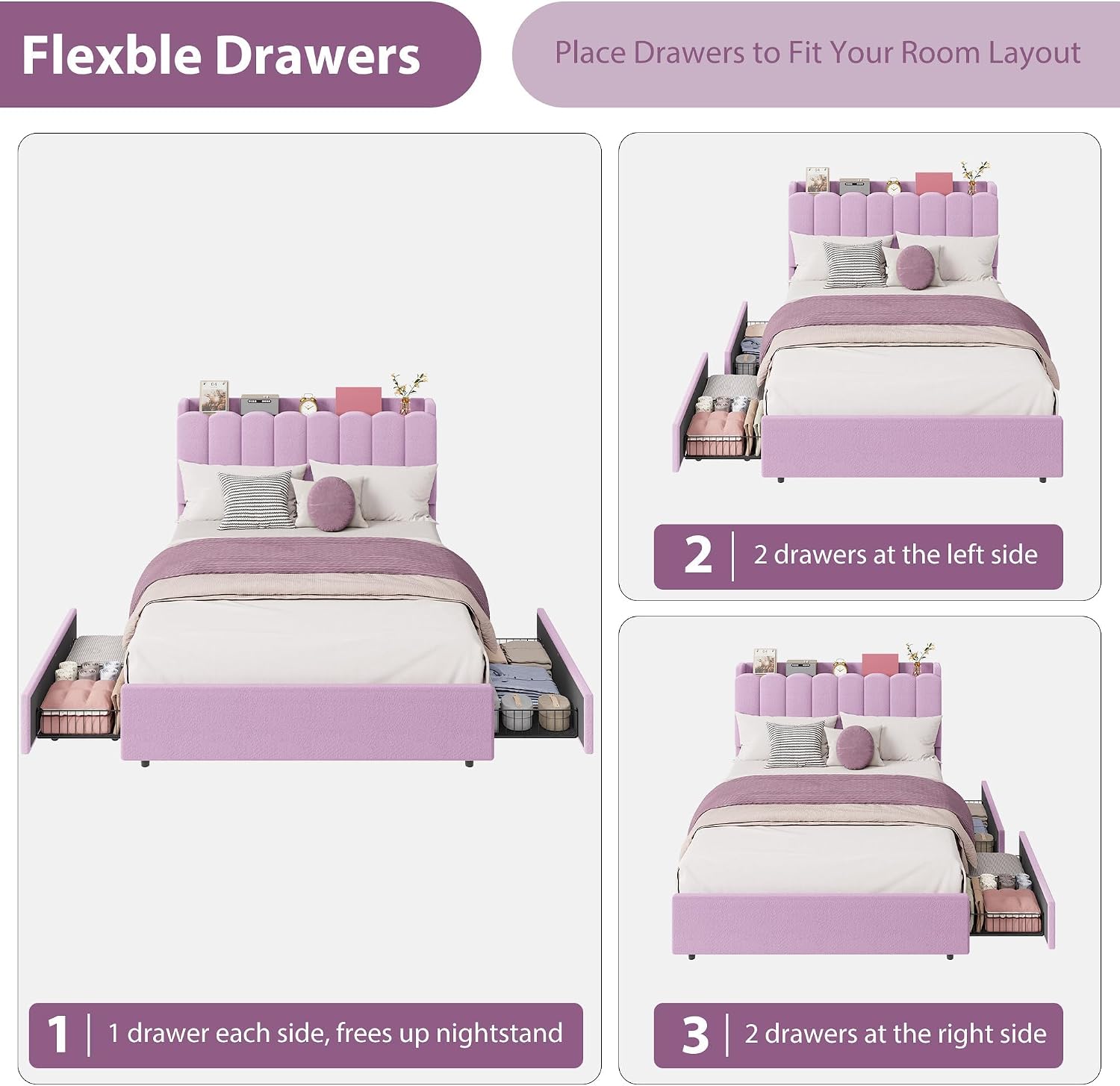 Garvee LED Full Size Bed Frame with Storage Headboard, Kids Bed Frame with 2 Drawers, Boucle Upholstered Platform Bed for Girls, Chic Wavy Headboard with Bookcase, No Box Spring Needed, Purple