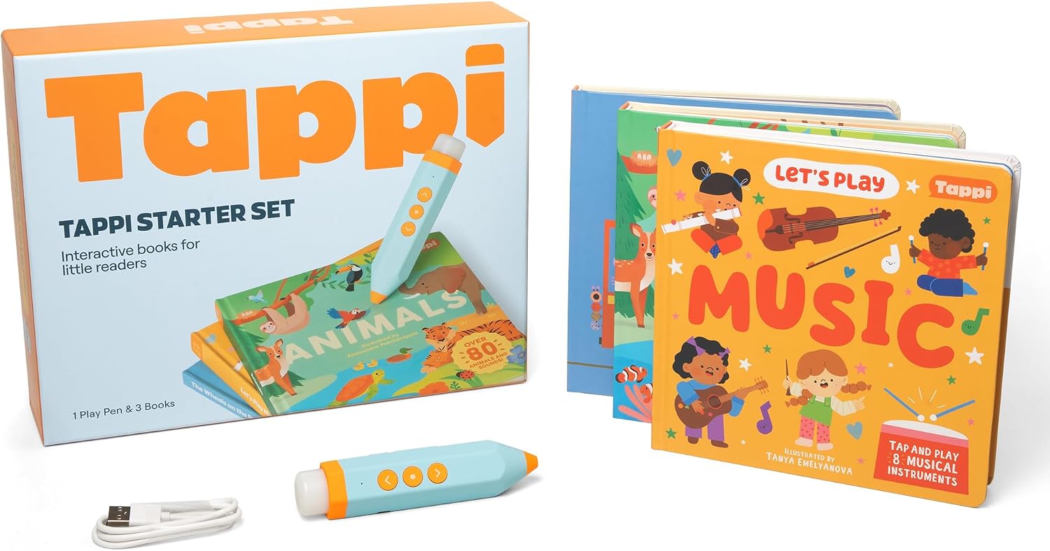 Tappi Interactive Learning System for Kids (Ages 2–6) – Starter Set with 3 Books + Tappi Play Pen – Screen-Free Sounds, Music & Games