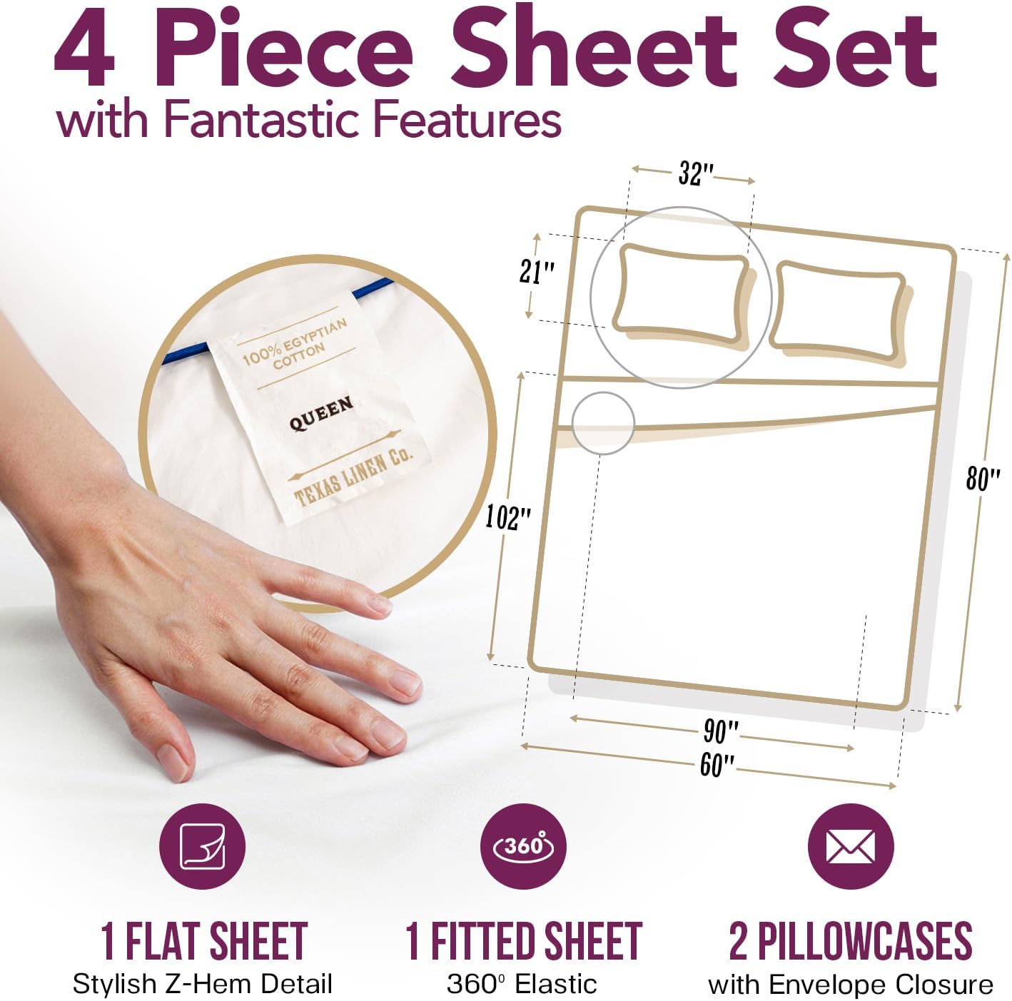 TEXAS LINEN CO. 100% Egyptian Cotton Queen Sheets Set - Luxury 1200 Series Star Sleepin' Damask Egyptian Cotton Sheets Queen Size (4 PC, White Stripe), 17' Deep Pocket, Cooling Sateen Hotel Bedding