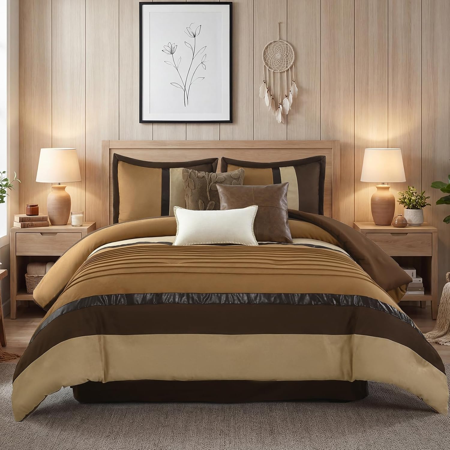 CozyDH Brown Queen Comforter Set - Luxury 7 Piece Faux Suede Bed in a Bag, Farmhouse Rustic Stripe & Pleated Pieced Design, All Season Down Alternative Bedding with Bedskirt, Shams, Decor Pillows