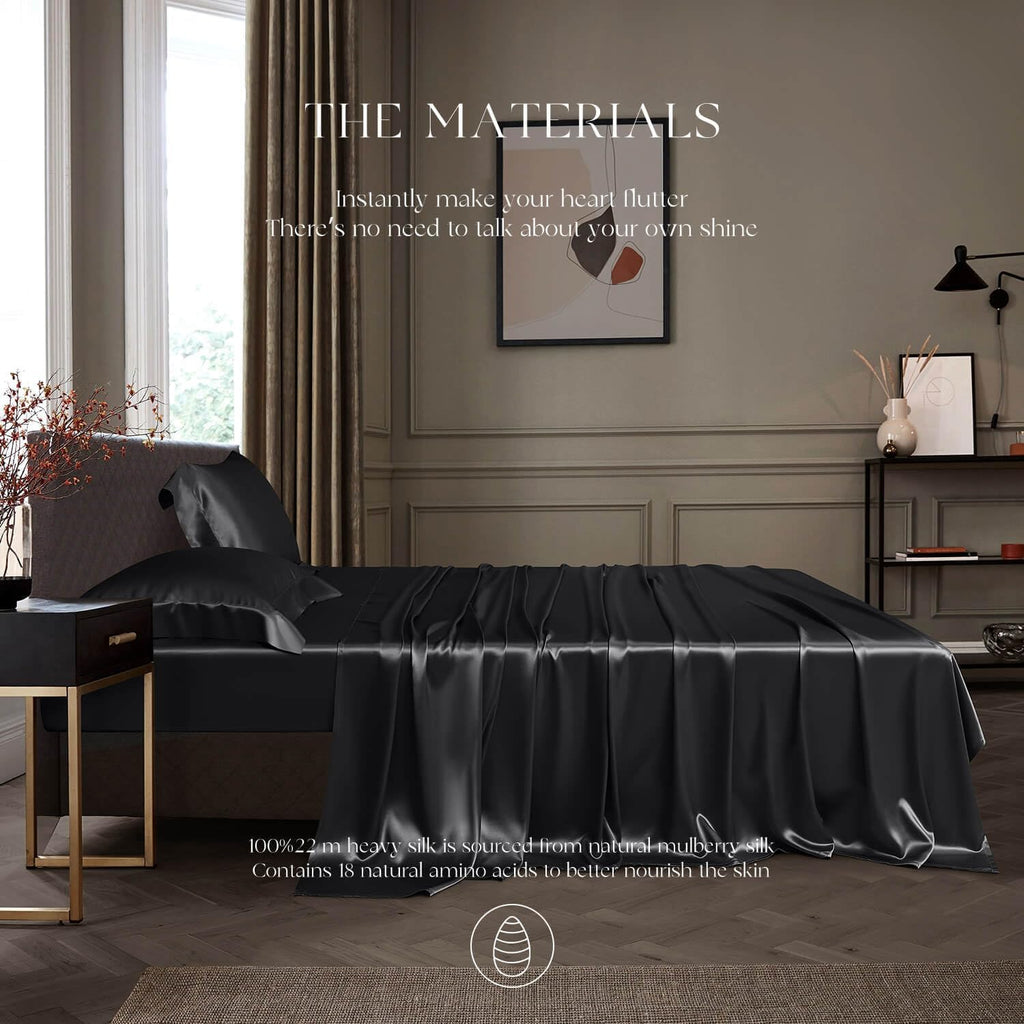 DISANGNI 22 Momme 100% Mulberry Silk Bedding Set - 4-Piece Luxury (2 Pillowcases, 1 Fitted Sheet, 1 Flat Sheet) - 6A Grade Natural Silk (Black, Queen)