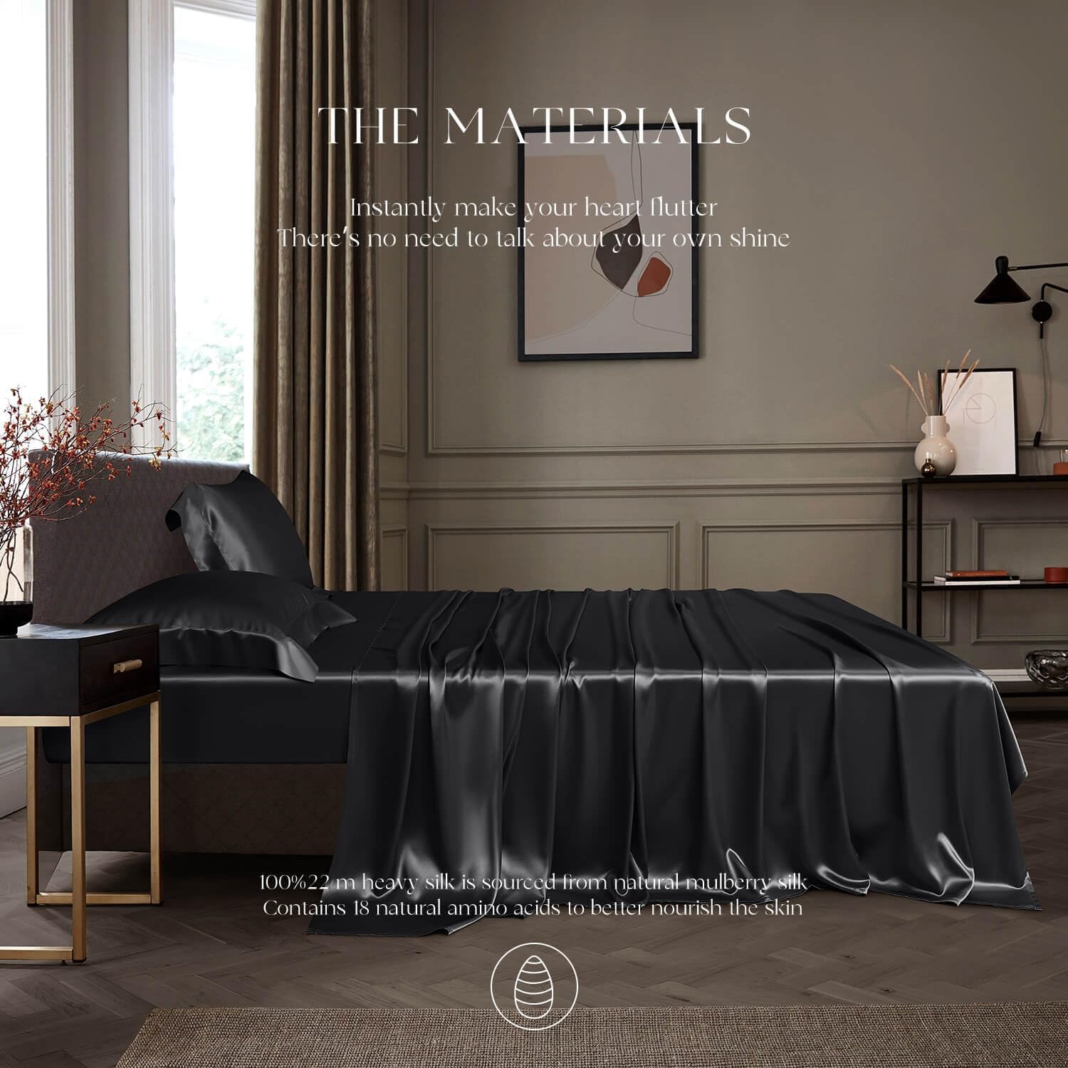 DISANGNI 22 Momme 100% Mulberry Silk Bedding Set - 4-Piece Luxury (2 Pillowcases, 1 Fitted Sheet, 1 Flat Sheet) - 6A Grade Natural Silk (Black, Queen)