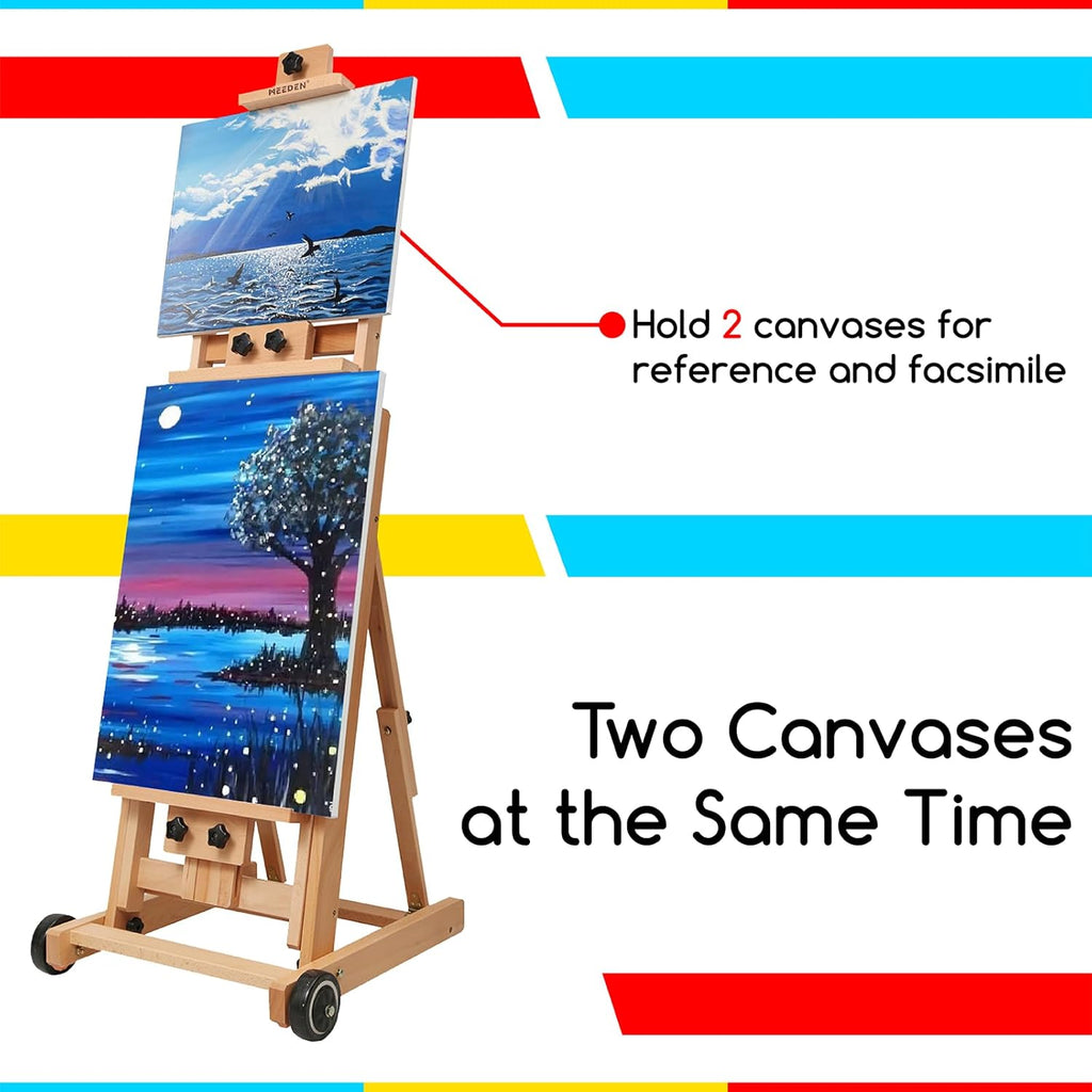 MEEDEN Versatile Studio H-Frame Easel - All Media Adjustable Beech Wood Studio Easel, Painting Floor Easel Stand, Movable and Tilting Flat Available, Holds Canvas Art up to 77'