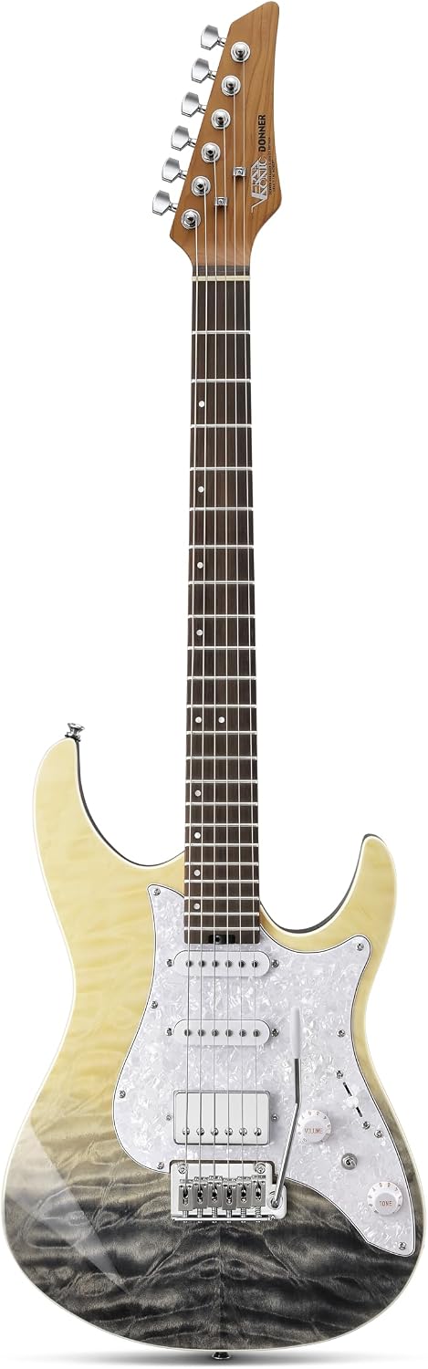 Donner 39 Inch Electric Guitar, DST-550 Color Gradient Poplar Body, Laurel Fretboard & Maple Veneer, 7 Tone Options, Tremolo Bridge, for Intermediate & Pro Players, Bonus Bag – Black Mirage Gradation