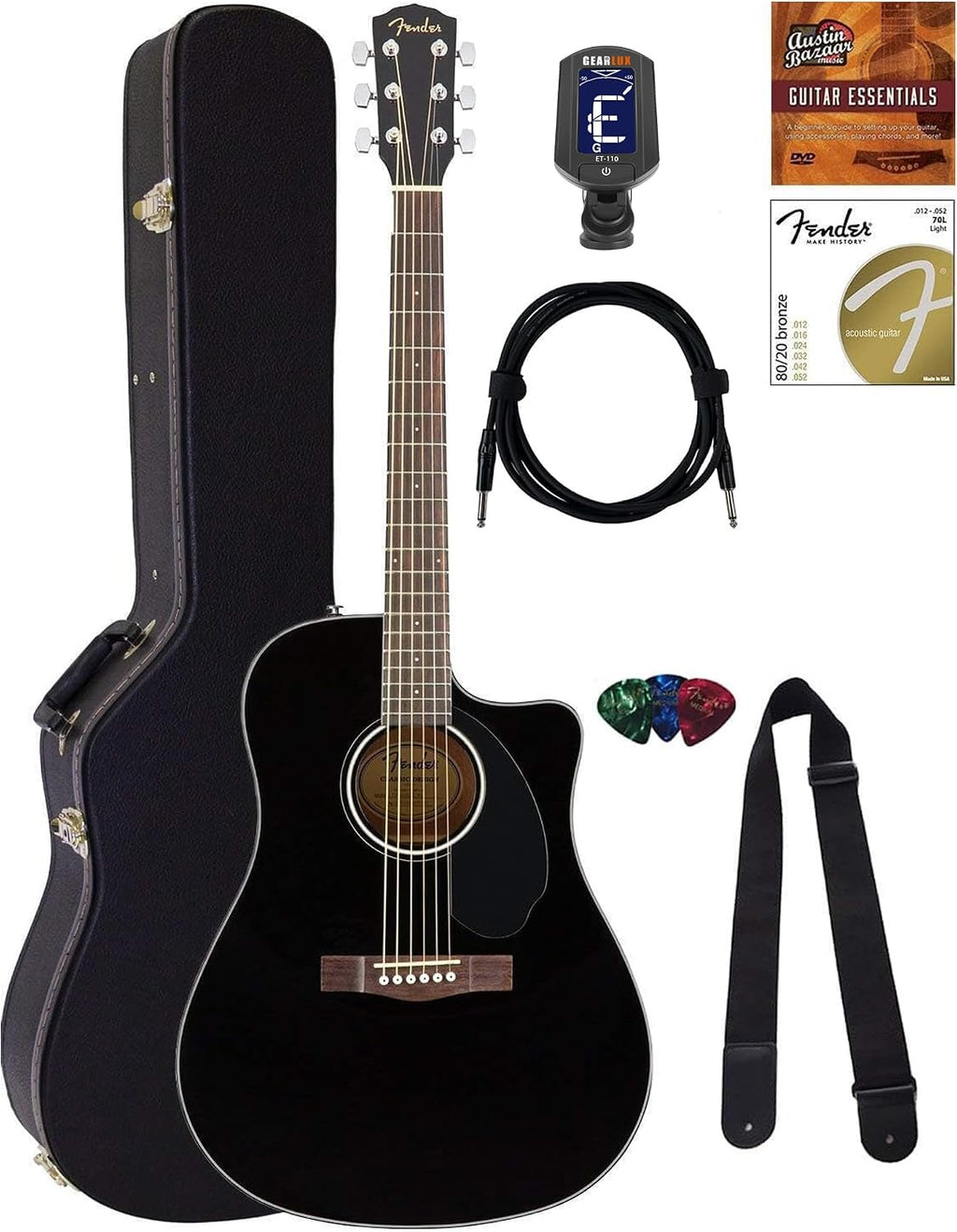 Fender CD-60SCE Solid Top Dreadnought Acoustic-Electric Guitar - Black Bundle with Hard Case, Instrument Cable, Tuner, Strap, Strings, Picks and Austin Bazaar Instructional DVD