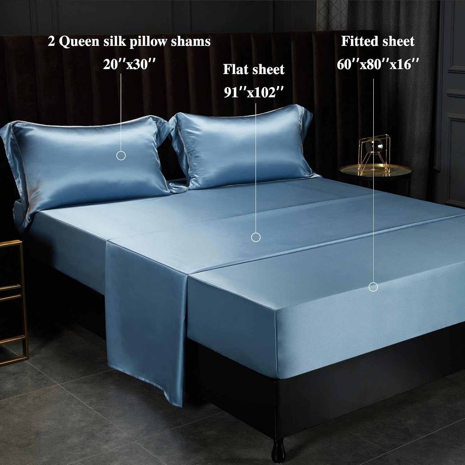 YOUR MOON 100% Mulberry Silk Sheets Set King Size 4 Pcs, 25 Momme Mulberry Silk Bed Sheets, Ultra Soft Luxury Bedding Sets, 1 Fitted Sheet, 1 Flat Sheet, 2 Pillow Shams (Blue Stream)