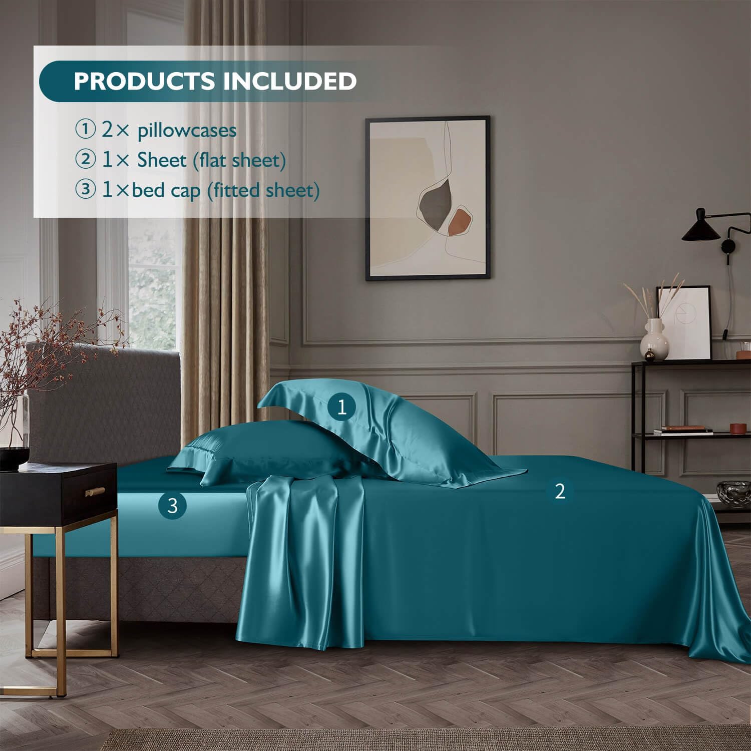 DISANGNI 22 Momme 100% Mulberry Silk Bedding Set - 4-Piece Luxury (2 Pillowcases, 1 Fitted Sheet, 1 Flat Sheet) - 6A Grade Natural Silk (Blue Green, Queen)