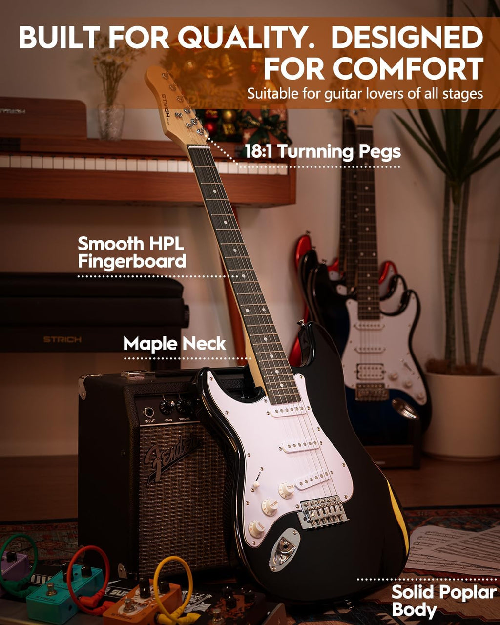 STRICH Electric Guitar Left Hand Beginner Kit, Solid Body 39' Electric Guitar SSS Pick Up for Starter, with 5W x 2 Amp, Bag, Tuner, Capo, Strap, String, Cable, Picks, SST-S10L Black