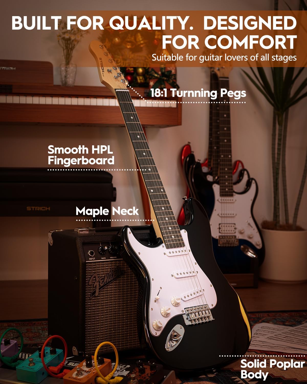 STRICH Electric Guitar Left Hand Beginner Kit, Solid Body 39' Electric Guitar SSS Pick Up for Starter, with 5W x 2 Amp, Bag, Tuner, Capo, Strap, String, Cable, Picks, SST-S10L Black