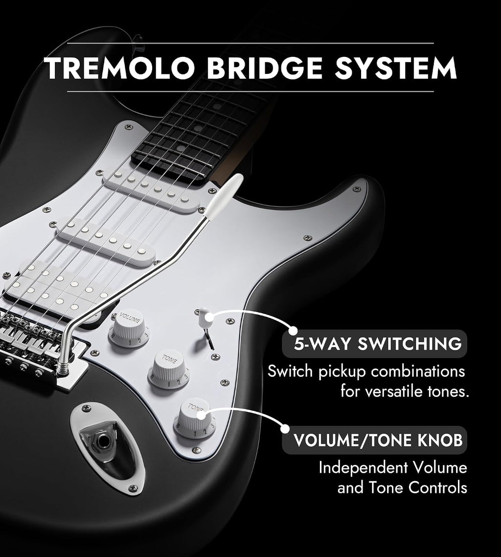 Tostar Beginner Electric Guitar, Solid Body, 39' Full Size Strat Style with HSS Pickups, 5-Way Switch, Tremolo Bridge, Maple Neck & Tectona Fretboard, Ideal for Beginners and Gifting, Black