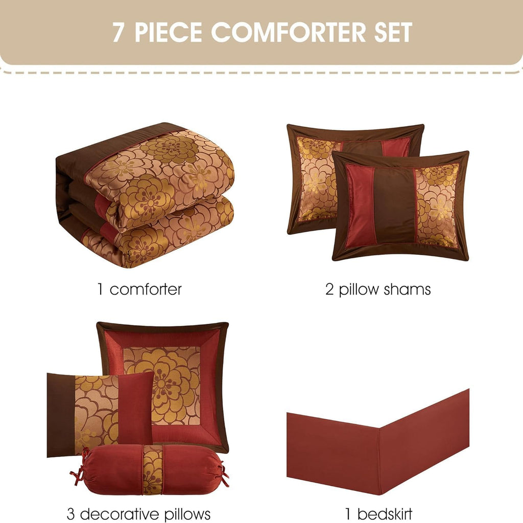 Grand Avenue Red/Brown Bed Comforter King Set, 7 Piece, All Season Premium Bedding Set, Bedskirt, Pillows & Shams, Ultra-Soft