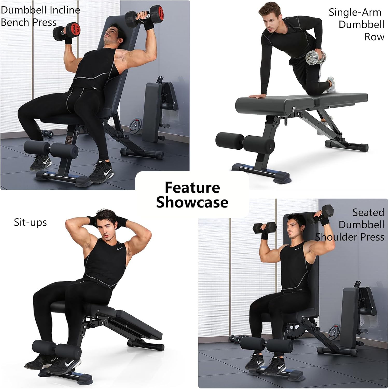 Adjustable Weight Bench, Foldable Workout Exercise Bench with Automatic Lock for Upright Incline Decline and Flat Full Body Exercise, Black