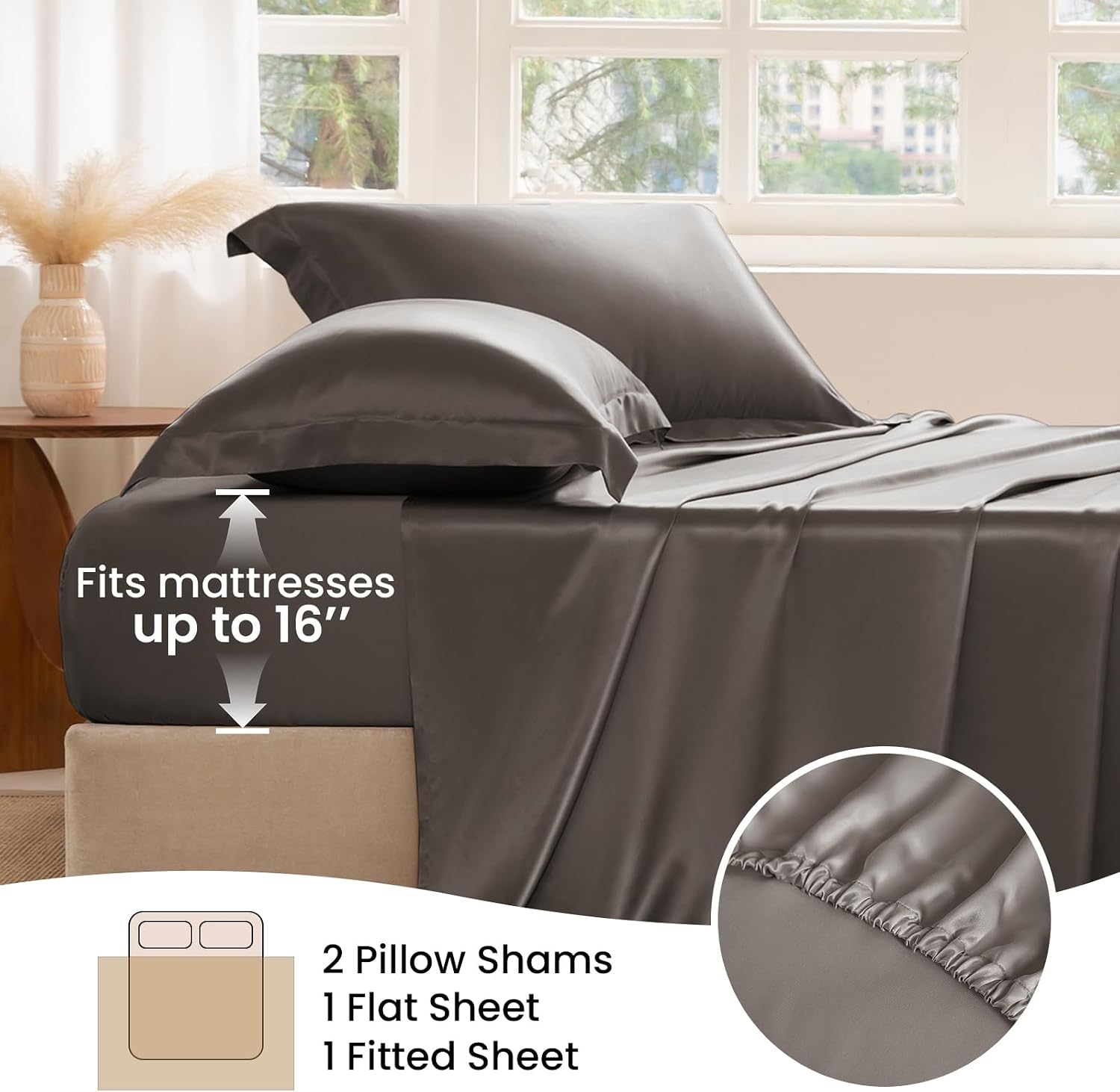 THXSILK Silk Sheet Set 4 Pcs, King Size Sheet Set, 22 Momme 7A+ Silk Sheets, Soft and Breathable Bed Sheets with 1 Flat Sheet, 1 Fitted Sheet, 2 Pillow Shams, Charcoal