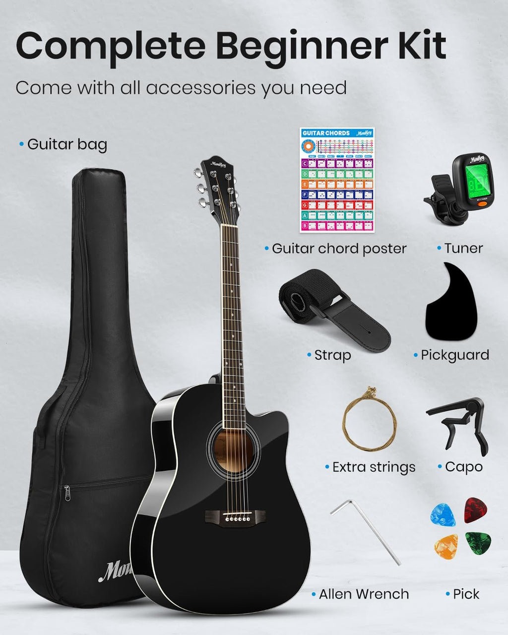 Moukey 41' Acoustic Guitar for Beginners Adult Teen Full Size Guitarra Acustica with Chord Poster, Gig Bag, Tuner,Steel Strings, Capo, Strap - Black